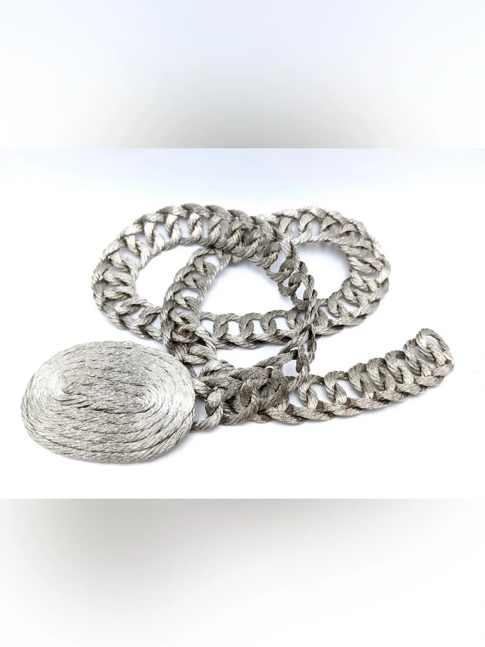 Vtg 70s 80s Greek Woven Wire Chain Belt Silver Tone Adjustable S M L